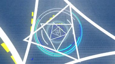 Dairelerin üzerinden geçen üçgen tünellerdeki çizgilerin animasyonu, mavi arkaplana karşı ikili kodlar. Dijital olarak üretilmiş, hologram, illüstrasyon, şekil, aydınlatma, kodlama ve teknoloji konsepti.