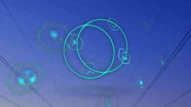 Elektrik direkleri üzerinde ekolojik simgelerle hareket eden mikroskop dairelerinin animasyonu. Küresel eko enerji, renk, ışık, hareket ve tekrarlama konsepti dijital olarak oluşturuldu.