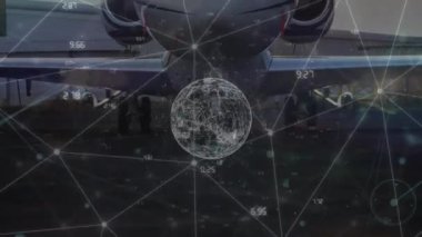 Dünya ve uçak üzerindeki bağlantı ağının animasyonu. Küresel ağlar, dijital arayüz, hesaplama ve veri işleme kavramı dijital olarak oluşturuldu.