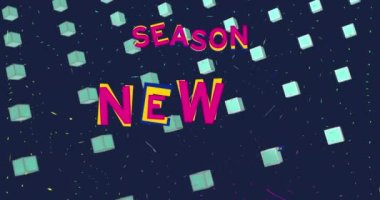 Yeni sezon metinlerinin siyah arkaplandaki çizgilere karşı 3d küp üzerinde animasyonu. Dijital olarak üretilmiş, hologram, illüstrasyon, şekil, üç boyutlu, dönemler, moda ve soyut kavram.