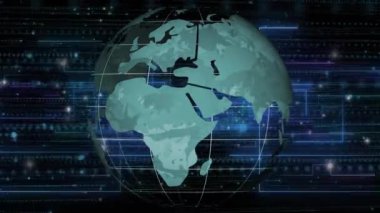 Dünya üzerindeki veri işleme ve bağlantıların animasyonu. Küresel hesaplama, dijital arayüz ve veri işleme kavramı dijital olarak oluşturulmuş video.