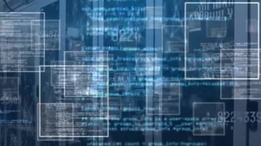 Kare animasyonu, numaraların değişmesi üzerine bilgisayar dili ve sunucu odasındaki bağlantı noktaları. Dijital bileşik, çoklu pozlama, iletişim, kodlama, iş, veri merkezi, ağ oluşturma kavramı.