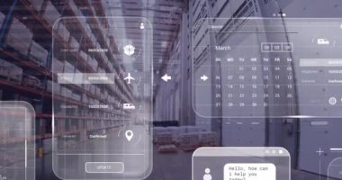 Depodaki ekranlarda veri işleme animasyonu. Küresel gönderme, ağlar, dijital arayüz, hesaplama ve veri işleme kavramı dijital olarak oluşturulmuş video.