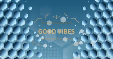 Altıgenler üzerinde dikdörtgen şeklinde iyi titreşimlerin animasyonu ve mavi arka planda noktalar. Dijital olarak üretilen hologram, illüstrasyon, şekil, pozitiflik, duygular ve soyut kavram.