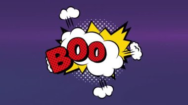 Mor arkaplandaki bulut üzerindeki patlama metninin animasyonu. Sosyal medya ve iletişim konsepti dijital olarak oluşturulmuş video.