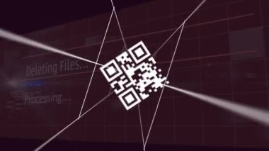 QR kodlarının metin üzerinden satırlar arasında animasyonu ve siyah arkaplan karşısında bilgisayar dili. Dijital olarak üretilmiş, hologram, illüstrasyon, barkod, bankacılık, kodlama ve teknoloji konsepti.