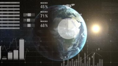 Dünya çapında finansal veri işleme animasyonu. Küresel spor, bilgisayar ve veri işleme kavramı dijital olarak oluşturulmuş video.