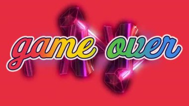 Pembe bloklardaki gökkuşağı üzerinde oyunun animasyonu. Video oyunu, sosyal medya, iletişim, renk, tekrarlama ve hareket konsepti dijital olarak oluşturuldu.