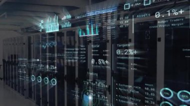 Grafiklerin, sayıların ve dünyanın dört bir yanındaki dairelerin canlandırılması ve arka plandaki sunucu odası ile karşılaştırılması. Dijital bileşik, çoklu pozlama, küreselleşme, rapor, iş, ağ sunucu kavramı.