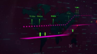 Siyah arkaplana karşı harita üzerinde değişen sayılarla birden fazla grafiğin animasyonu. Dijital olarak üretilen hologram, illüstrasyon, rapor, iş dünyası, büyüme, küresel, soyut kavram.