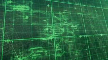 Çemberleri ve çubukları soyut arkaplanda yüklemeye karşı matris haritası üzerinde ızgara deseni animasyonu. Dijital olarak üretilmiş, hologram, illüstrasyon, küresel, üç boyutlu, iş ve teknoloji.