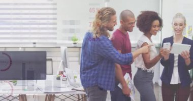 Animation of financial data processing over diverse business people in office. Global business, finances, computing and data processing concept digitally generated video.