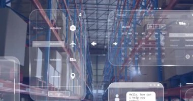 Depodaki ekranlarda veri işleme animasyonu. Küresel gönderme, ağlar, hesaplama ve veri işleme kavramı dijital olarak oluşturulmuş video.