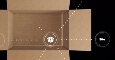 Karton kutunun üzerindeki simgelerle veri işleme animasyonu. Küresel gönderme, ağlar, dijital arayüz, hesaplama ve veri işleme kavramı dijital olarak oluşturulmuş video.