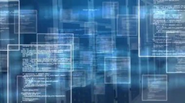 Sunucu odasına karşı ikili kodlar üzerinden karelerin ve bilgisayar dilinin animasyonu. Dijital bileşik, çoklu pozlama, kodlama, veri merkezi, ağ, teknoloji ve ağ sunucu kavramı.