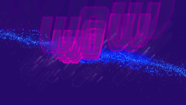 紫色の背景に青色のメッシュ上のワオテキストのアニメーション グローバルビデオゲーム デジタルインターフェース コミュニケーション コンピューティング データ処理コンセプトデジタル生成ビデオ — ストック動画