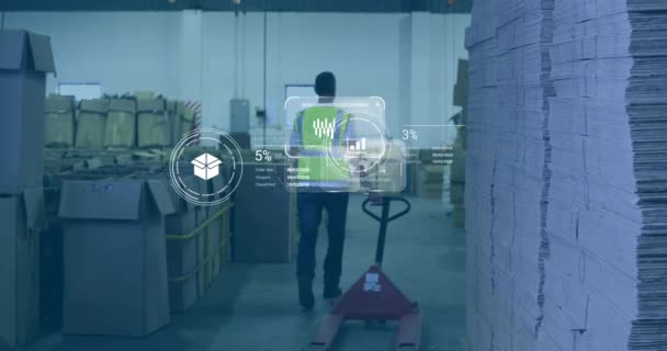 Animation Data Processing Screens Caucasian Man Working Warehouse Global Shipping — Stock Video
