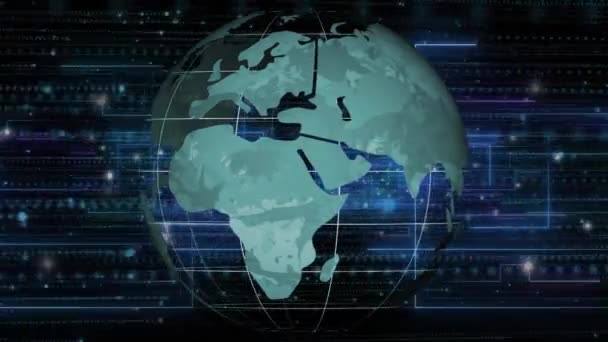 Animacja Przetwarzania Danych Całym Świecie Połączeń Globalne Systemy Obliczeniowe Interfejs — Wideo stockowe
