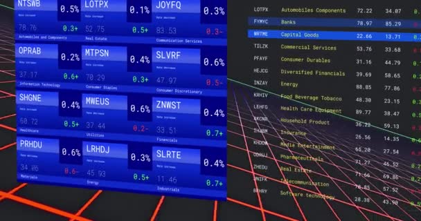 Animatie Van Meerdere Grafieken Trading Board Rasterpatroon Tegen Zwarte Achtergrond — Stockvideo