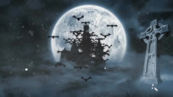 Animação Morcegos Voando Sobre Lua Cheia Sobre Castelo Atravessar Fundo — Vídeo de Stock