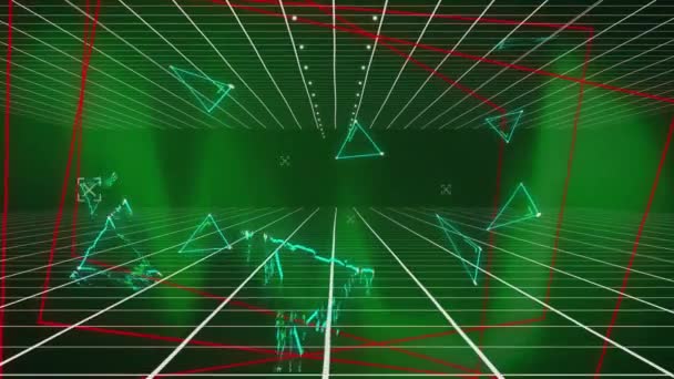 Animatie Van Verlichte Driehoekige Rechthoekige Vormen Met Rooster Groene Achtergrond — Stockvideo