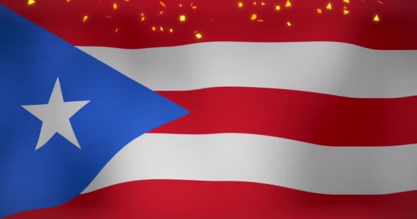 Анимация Падения Конфетти Над Размахивая Флагом Пуэрто Рико Заднем Плане — стоковое видео
