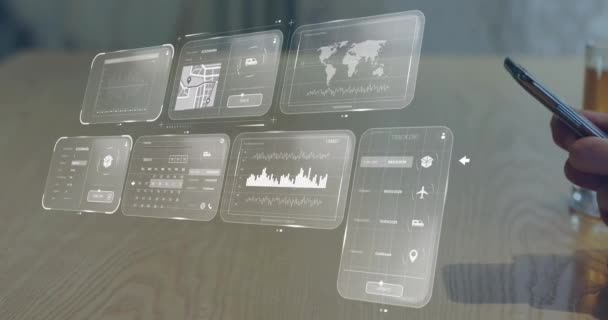 用智能手机在屏幕上对高加索商人的数据进行动画 全球网络 计算和数据处理概念 — 图库视频影像
