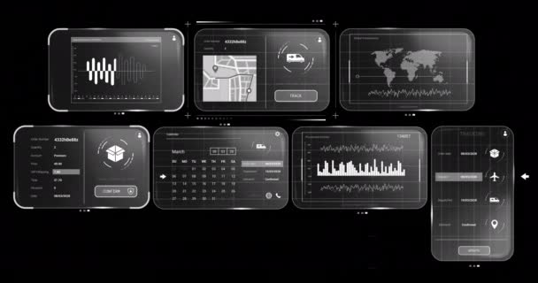 Animação Processamento Dados Telas Sobre Fundo Preto Transporte Global Redes — Vídeo de Stock