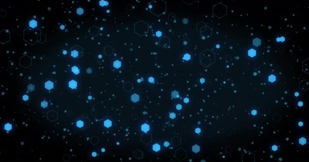 Mavi Altıgenlerin Siyah Arka Planda Hareket Eden Işık Noktalarının Animasyonu — Stok video