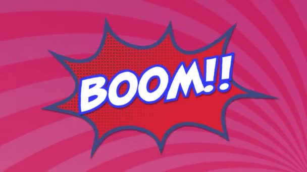 Animation Boom Text Retro Speech Bubble Pink Stripes Pattern Social — Stock Video