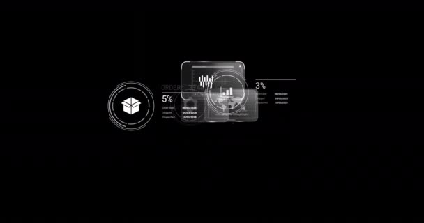 Анимация Обработки Данных Экранах Черном Фоне Глобальная Доставка Сети Цифровой — стоковое видео