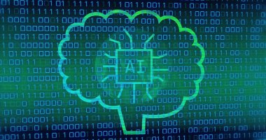 Koyu arkaplanda ikili kodlama olan ai metin ve simgelerinin birleşimi. Küresel yapay zeka, bağlantılar, dijital arayüz ve dijital olarak oluşturulan veri işleme kavramı.