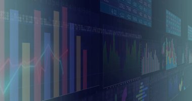 Karanlık arka planda finansal veri işlemenin birleşimi. Küresel iş, finans, hesaplama ve veri işleme kavramı dijital olarak oluşturulmuş görüntü.