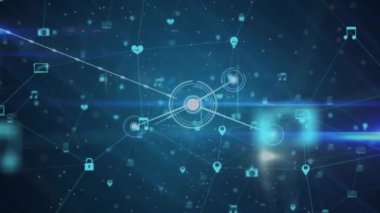 Lenslerin üzerindeki noktaların canlandırılması ve soyut arkaplana bağlı simgelerin birleştirilmesi. Dijital olarak üretilen, hologram, illüstrasyon, iletişim ve kablosuz teknoloji kavramı.