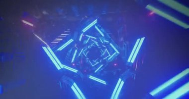 Koyu arkaplanda neon mavi tünelin animasyonu. Işık, renk ve hareket konsepti dijital olarak oluşturulmuş video.
