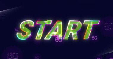 Koyu arkaplan üzerinde 6g metin ve veri işleme üzerinde başlangıç metninin canlandırması. Küresel video oyunu, dijital arayüz, iletişim, bilgisayar ve veri işleme kavramı dijital olarak oluşturuldu.