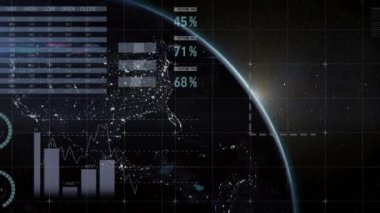 Dünya çapında finansal veri işleme animasyonu. Küresel spor, bilgisayar ve veri işleme kavramı dijital olarak oluşturulmuş video.