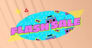 Geçmişe dönük canlı şablon arkaplan üzerindeki flash satış metninin animasyonu. Satışlar, perakende, alışveriş, dijital arayüz, iletişim, bilgisayar ve veri işleme kavramı dijital olarak oluşturuldu.