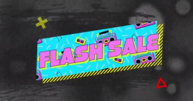 Soyut şekilli retro konuşma balonunda flash satış metninin animasyonu. Satışlar, perakende ve iletişim konsepti dijital olarak oluşturulmuş video.
