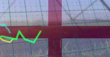 Animation of financial data processing over flag of england. Global business, finances, computing and data processing concept digitally generated video.