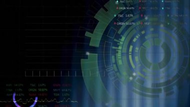 Siyah arka planda daireler üzerinden grafiklerin ve alım satım tahtalarının animasyonu. Dijital olarak üretilen hologram, illüstrasyon, rapor, iş, şekil, soyut ve borsa kavramı.