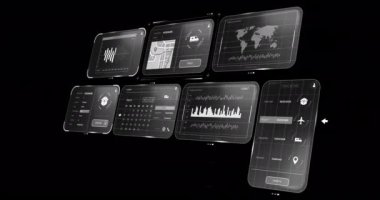 Siyah arkaplanda veri işleme animasyonu. Küresel gönderme, ağlar, hesaplama ve veri işleme kavramı dijital olarak oluşturulmuş video.