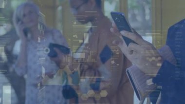 Animation of financial data processing over caucasian businessman using smartphone. Global business, finances, computing and data processing concept digitally generated video.