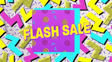 Geçmişe dönük canlı şablon arkaplan üzerindeki flash satış metninin animasyonu. Satışlar, perakende, alışveriş, dijital arayüz, iletişim, bilgisayar ve veri işleme kavramı dijital olarak oluşturuldu.