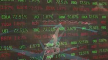 Pusula üzerinde finansal veri işleme animasyonu. Küresel iş, finans, hesaplama ve veri işleme kavramı dijital olarak oluşturulmuş video.