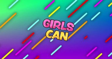 Kızların animasyonu yeşilden mor arka plana doğru hareket eden mesajlaşabilir ve soyut şekiller oluşturabilir. Kız gücü, feminizm, sosyal medya, iletişim, renk, şekil ve hareket kavramı dijital olarak oluşturulmuş video.