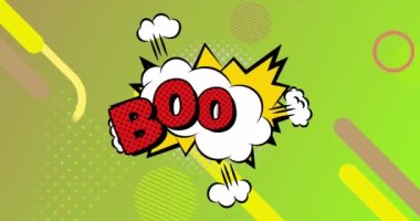 Yeşil arkaplan üzerinde hareket eden retro boom metin ve soyut şekillerin animasyonu. Sosyal medya, iletişim, renk, şekil ve hareket kavramı dijital olarak oluşturulmuş video.