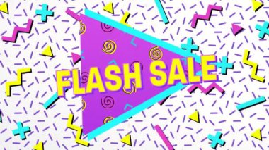 Geçmişe dönük canlı şablon arkaplan üzerindeki flash satış metninin animasyonu. Satışlar, perakende, alışveriş, dijital arayüz, iletişim, bilgisayar ve veri işleme kavramı dijital olarak oluşturuldu.