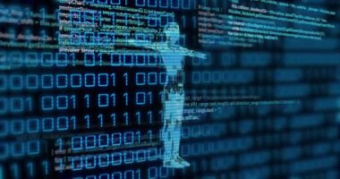 İnsan vücudu ve ikili kodlama üzerinde veri işleme animasyonu. Küresel ağlar, bilim, dijital arayüz, hesaplama ve veri işleme kavramı dijital olarak oluşturulmuş video.