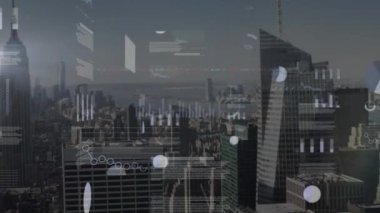 Animation of financial data processing over cityscape. Global business, finances, computing and data processing concept digitally generated video.